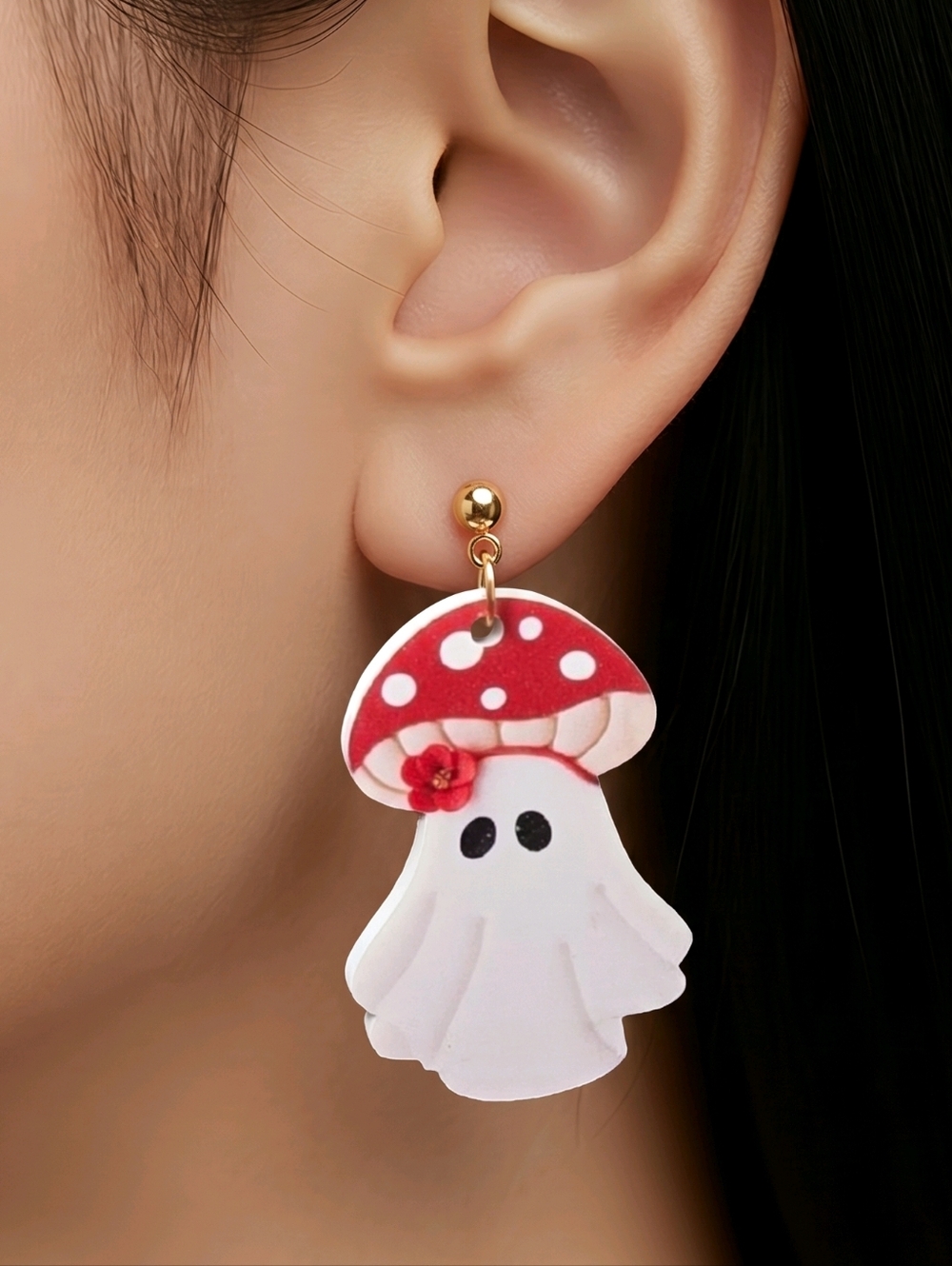 Ghost Mushroom Earrings Red Rose Acrylic Spooky Cute Gothcore Jewelry Whimsical